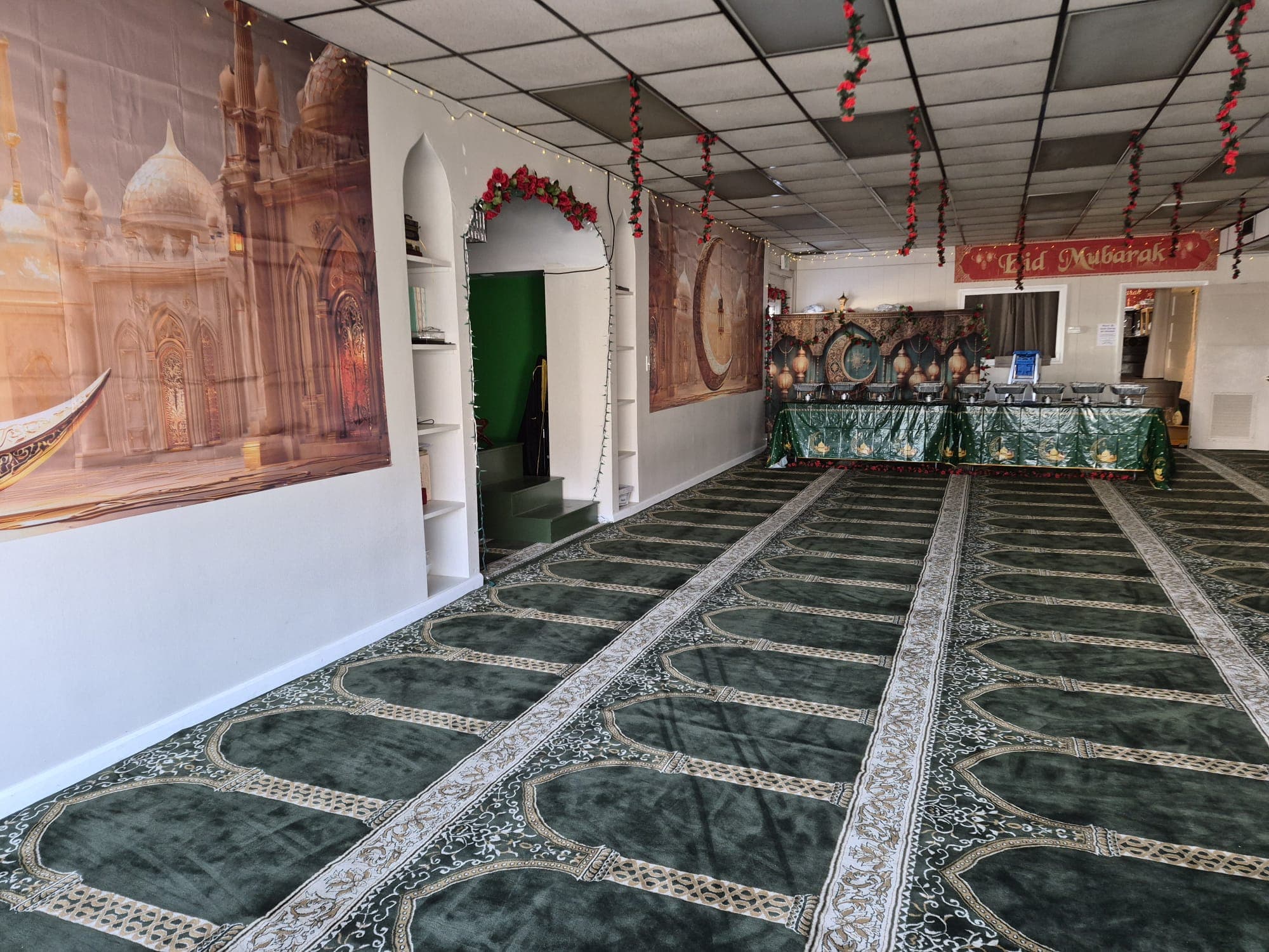 Prayer hall at the Islamic Center of Lynchburg with festive decorations